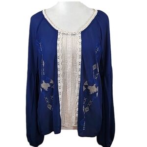 BKE Gimmicks Top Blue Semi Sheer Aztec Embroidered Balloon Sleeves Crochet Panel